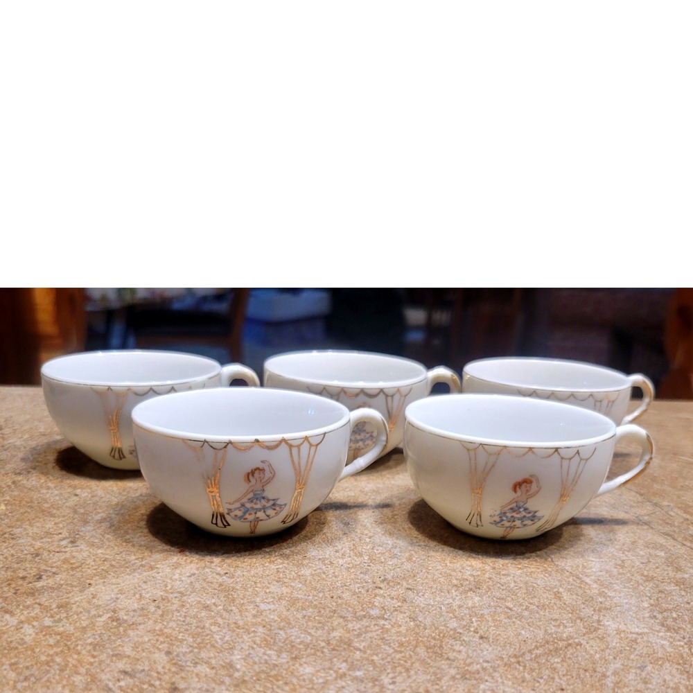 Set‎ of 5 Vintage Ballerina Teacups Gold Trim Dancing Girl Motif